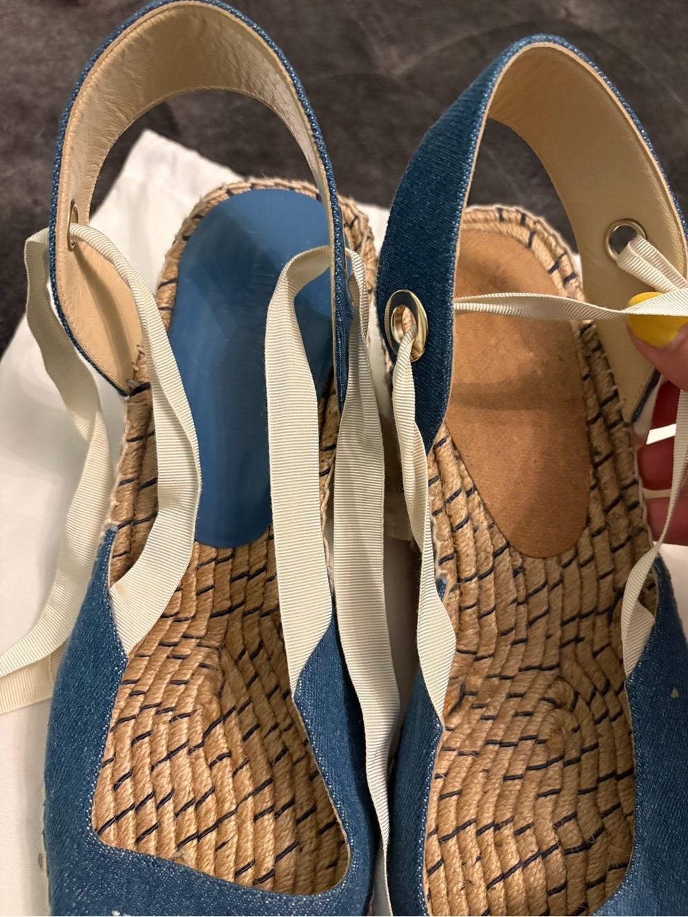 Jimmy Choo Denim Espadrille Wedge with Cream Ankle Ribbon - Picture 2 of 5
